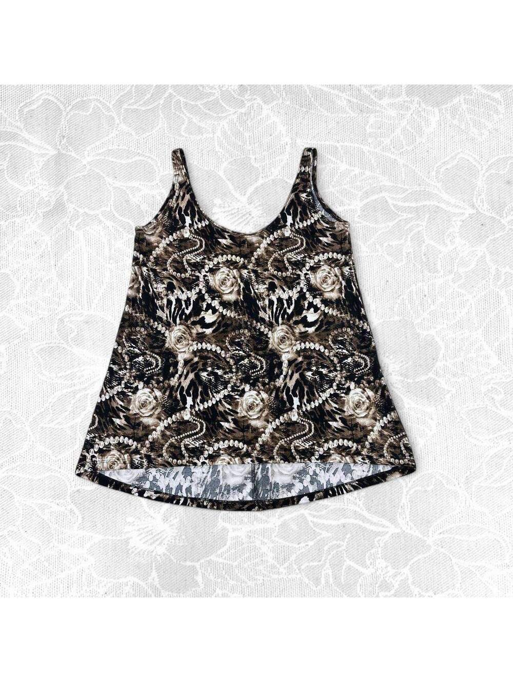 Phenix Y2K Black Brown and Beige Floral and Animal Print Tank Top - Medium